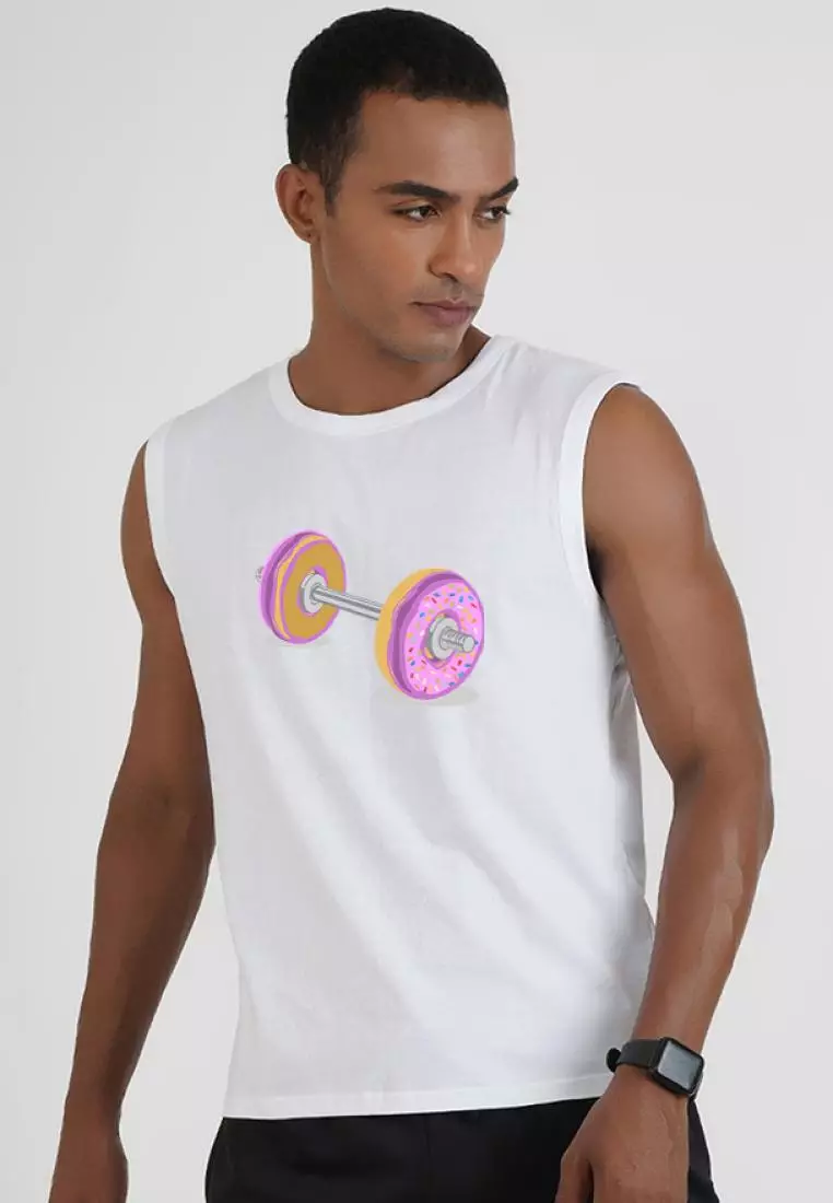 甜甜圈杠铃图案白色棉质无袖健身/训练背心