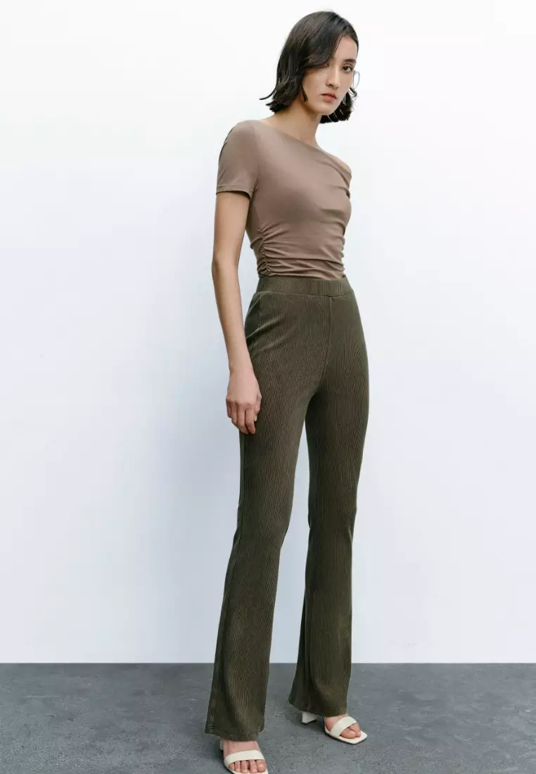 女复古风时髦松紧腰坑纹紧身高腰喇叭裤