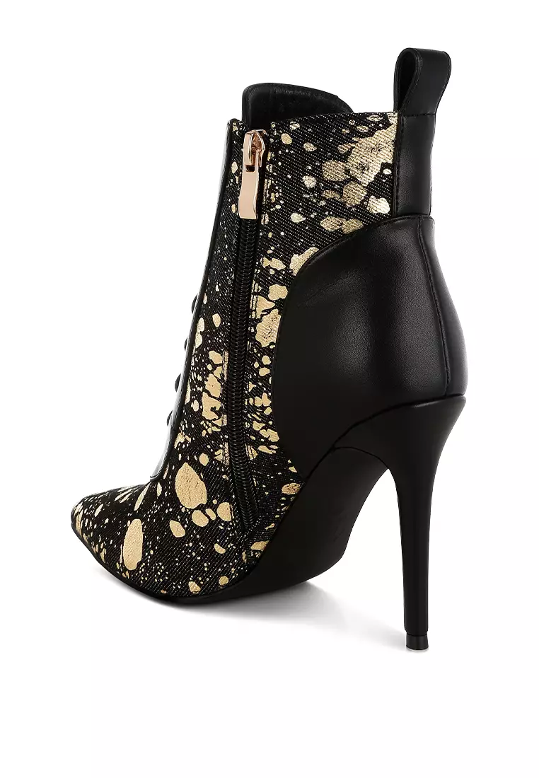 Abstract Pattern Lace-Up Ankle Boots in Black