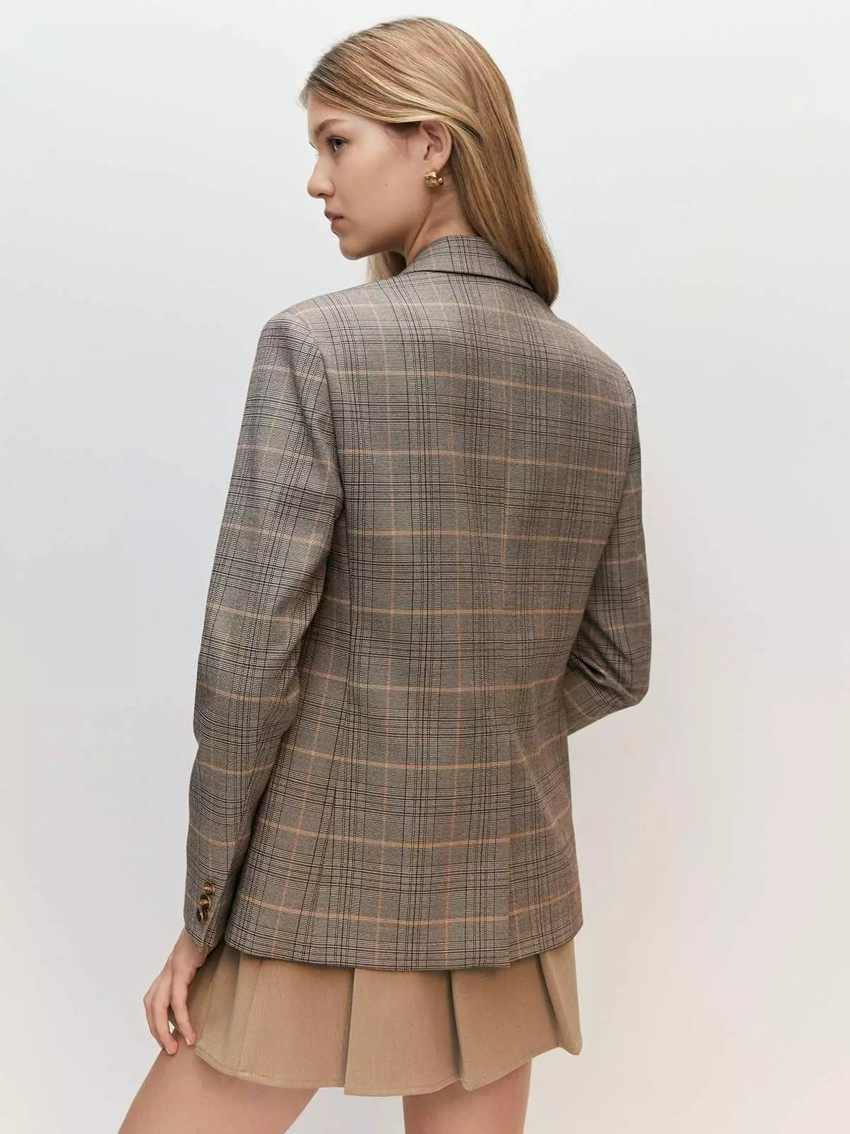 Double Breasted Plaid Blazer - Brown
