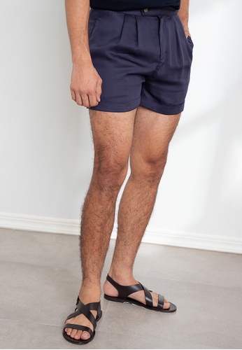 Origin by Zalora navy Slim Fit Pleated Shorts made from Tencel 77002AAD6F2DA4GS_1
