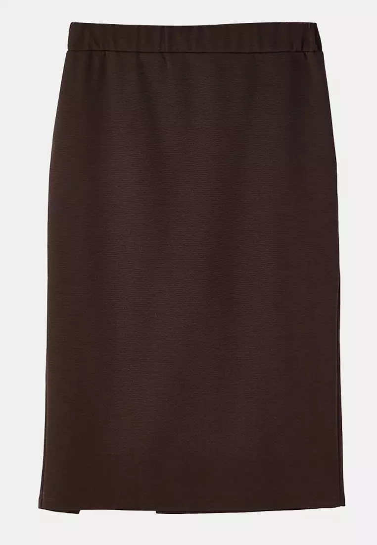 Brown Slit Detailed Knitted Stretch Fabric Plus Size Midi Skirt Tbbaw26Az00023