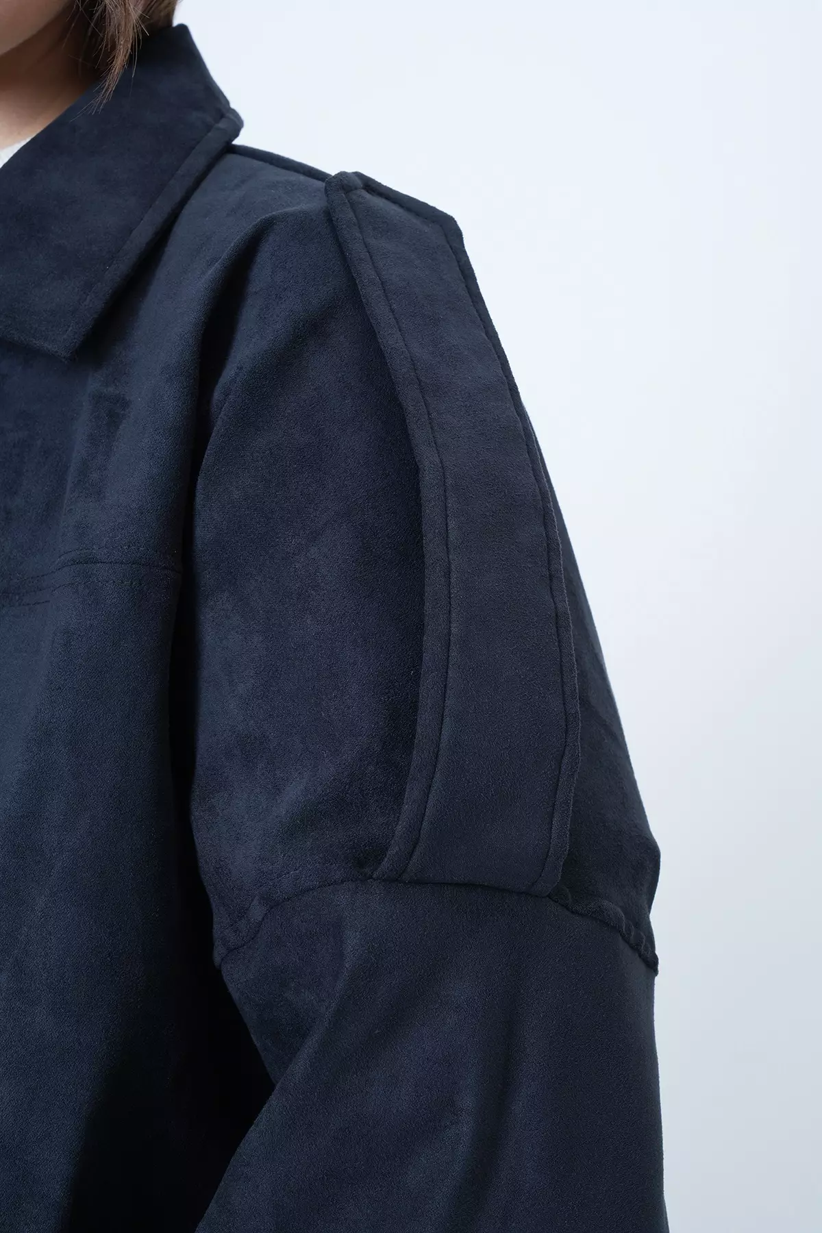 Navy Blue Shoulder Epaulettes Lined Faux Suede Bomber Jacket Alc-X14526