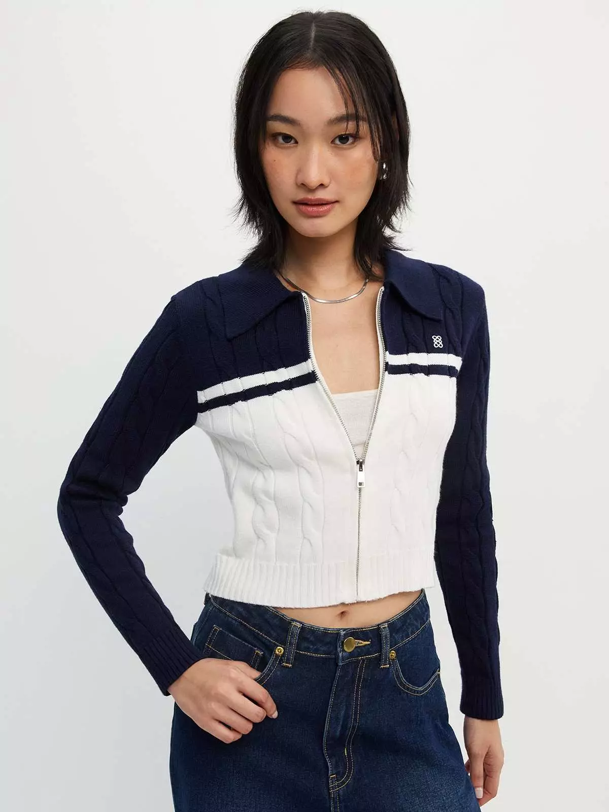 Two Tone Knitted Zipper Jacket - Navy