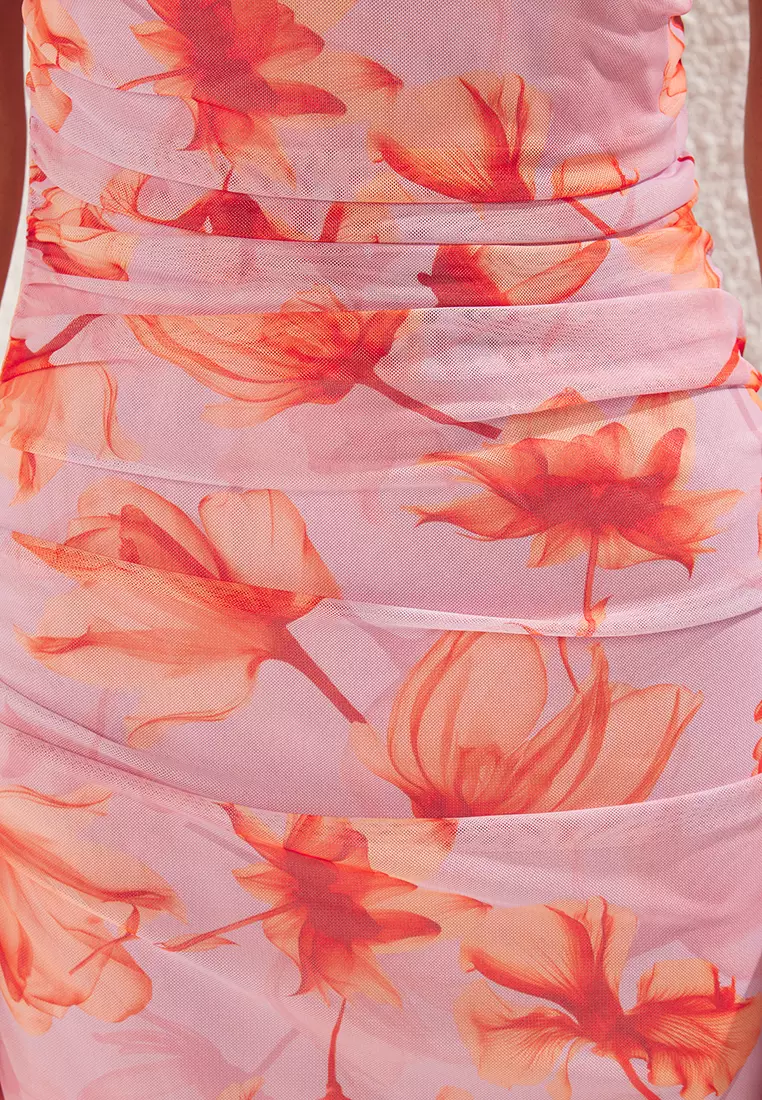 Pink Floral Printed Halter Neck Fitted Stretchy Tulle Knitted Midi Pencil Dress