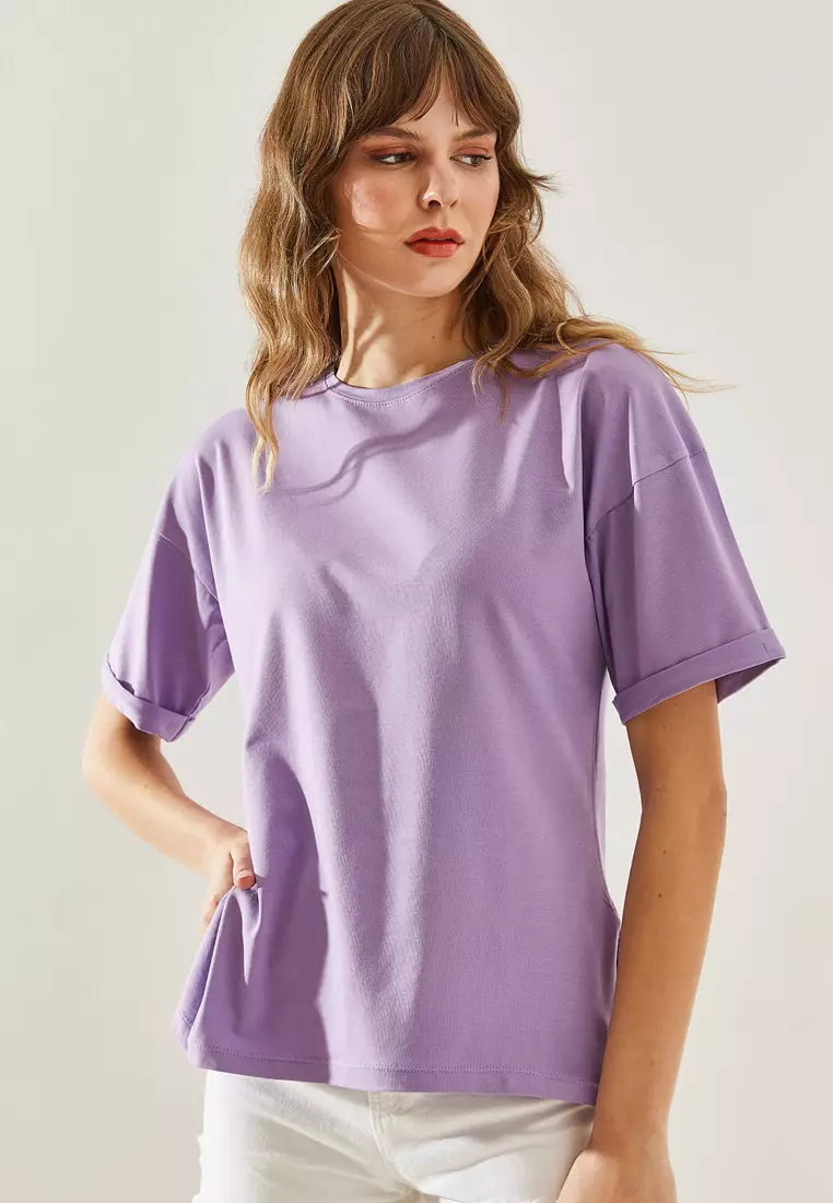 Side Slit Sleeve Folding Detailed Crew Neck Short Sleeve Basic T-Shirt