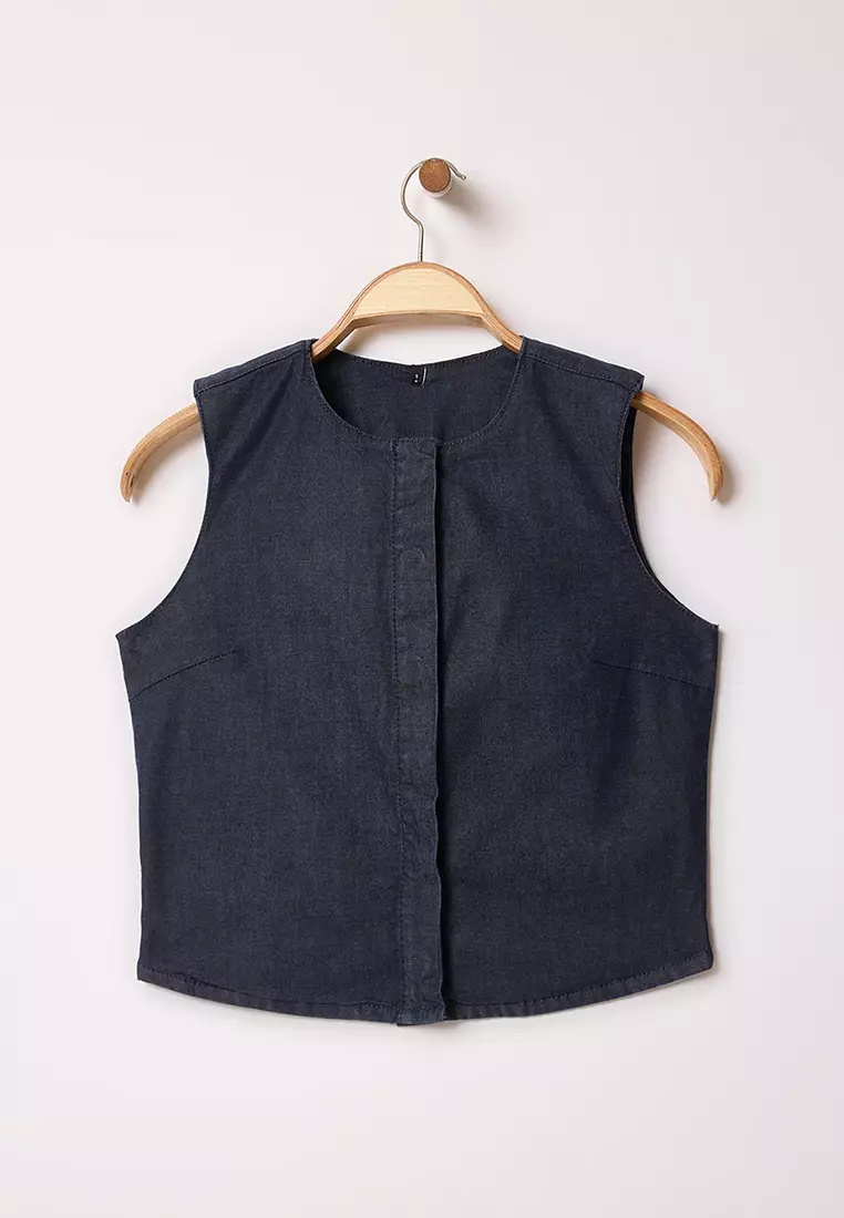 Dark Blue Crop Fitted Denim Vest TWOSS25YE00002