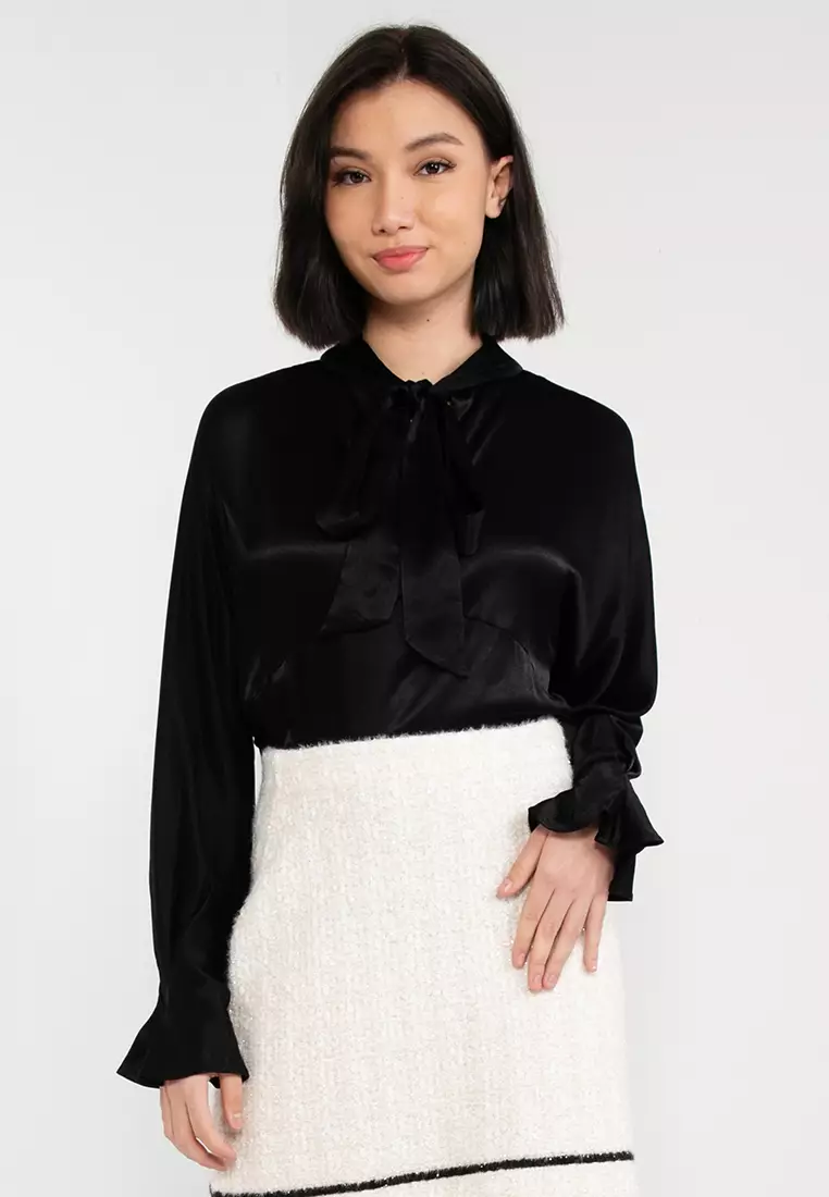 Black satin tie neck blouse top