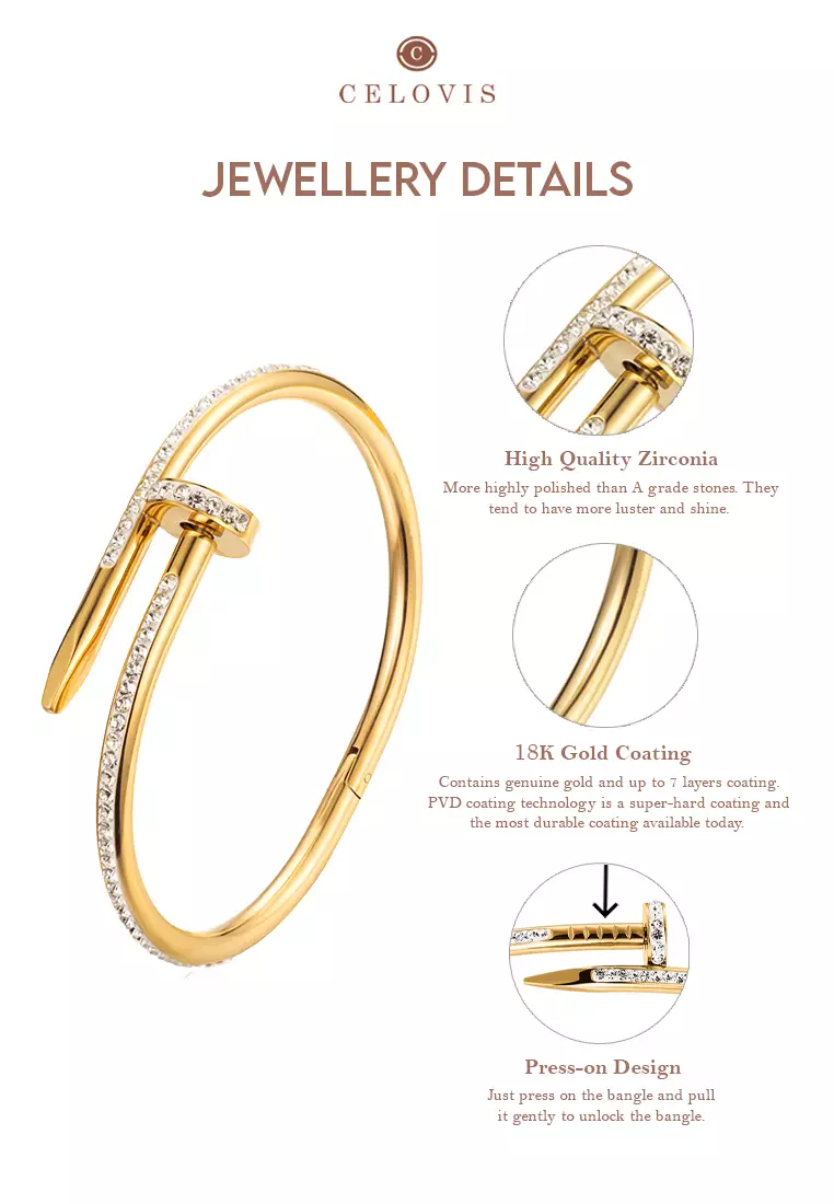 Roxanne Nail Cuff Zirconia Clasp Bangle (Gold)
