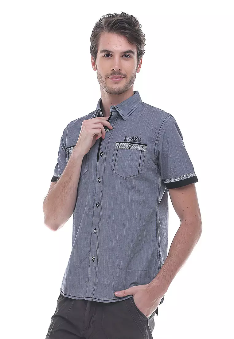 LGS - Slim Fit - Kemeja Fashion - Double Kantong - Corak - Abu