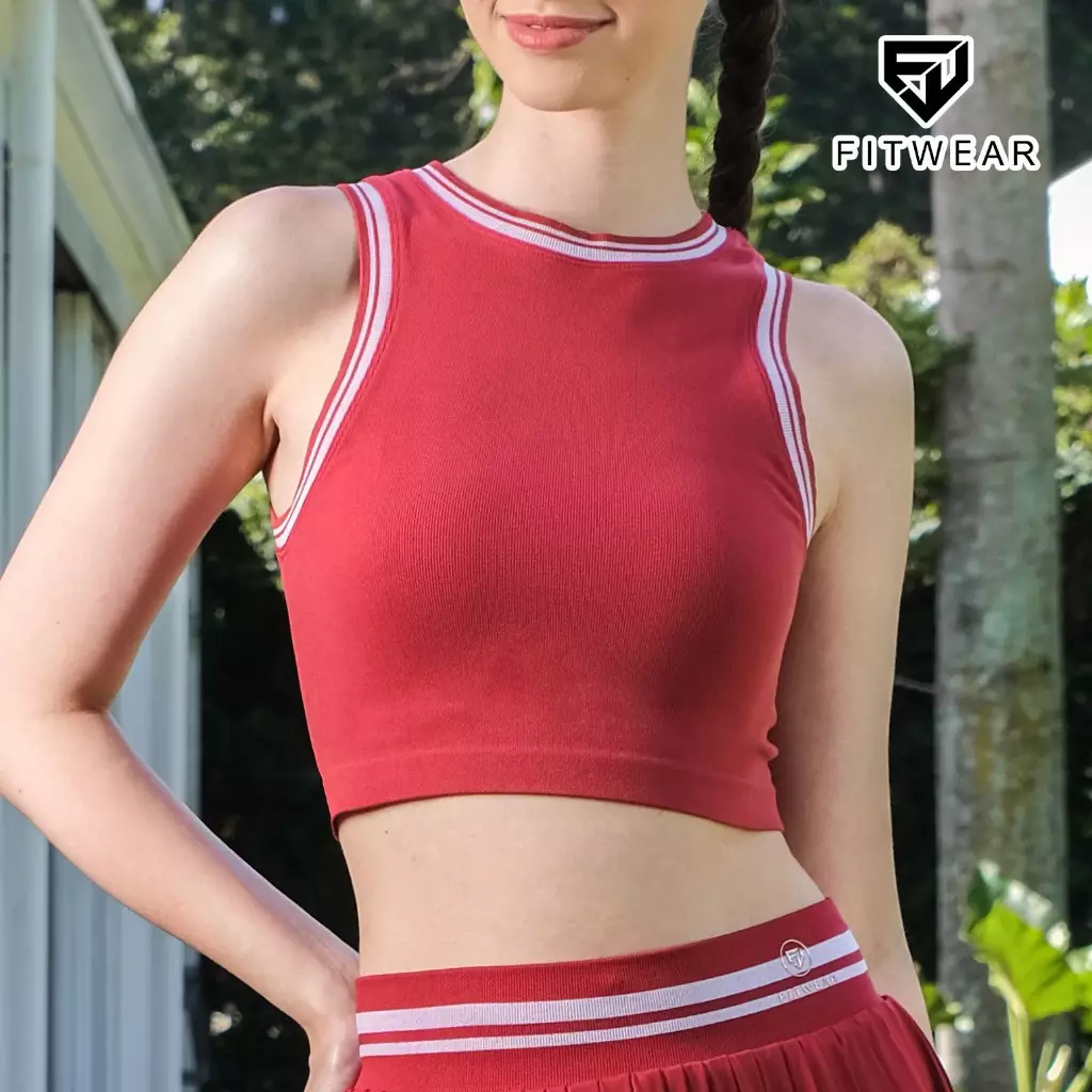 Fitwear Tanktop Olahraga Padel Wanita MONICA RIB CROP TANKTOP - SAFFRON RED