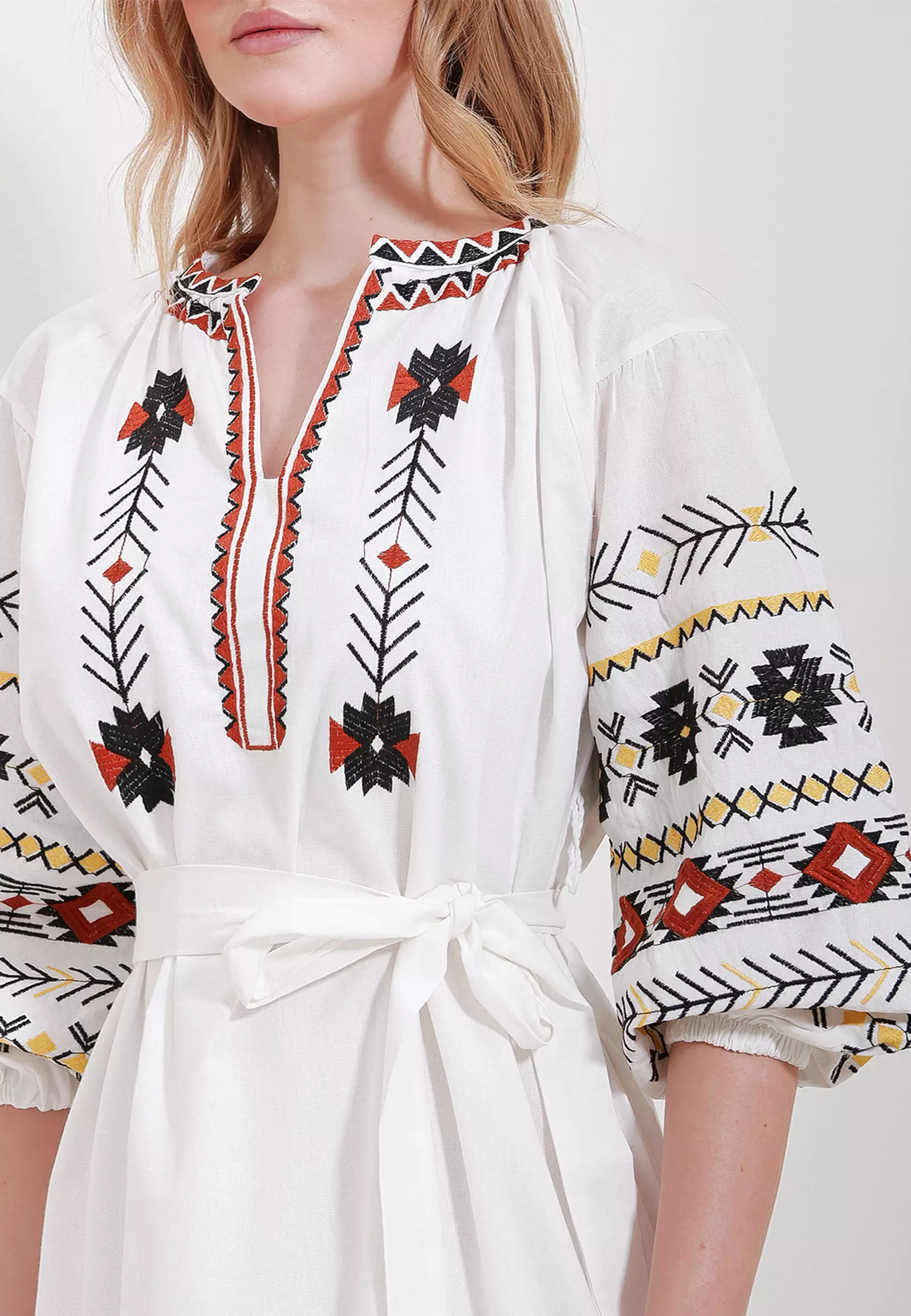 Embroidered Balloon Sleeves Belted Dress