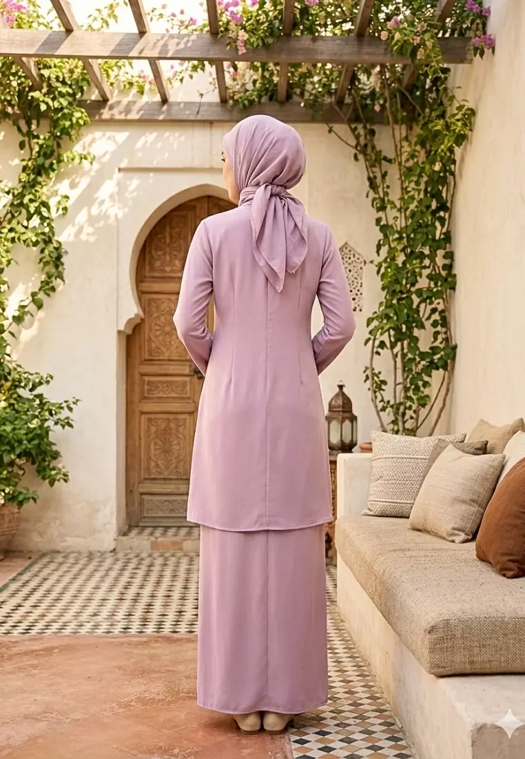 Baju Kurung Dengan lace detail tunic set pink– one set muslimah elegant button tunic By Brilliant Girl Warna PINK