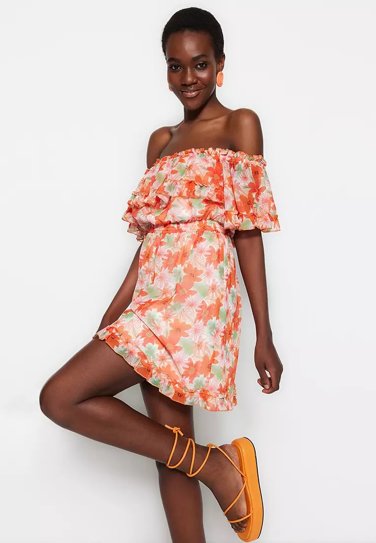 Orange floral off the hotsell shoulder dress