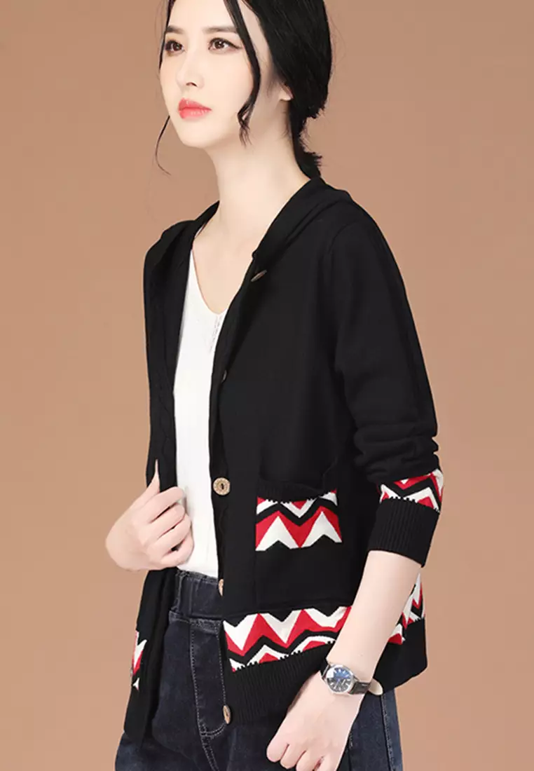 Stylish Colorblock Hooded Knit Jacket