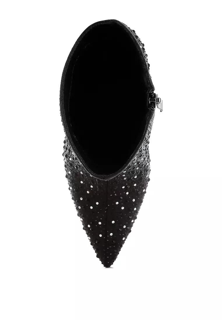 Sepatu bot stiletto berhiaskan berlian imitasi berwarna hitam