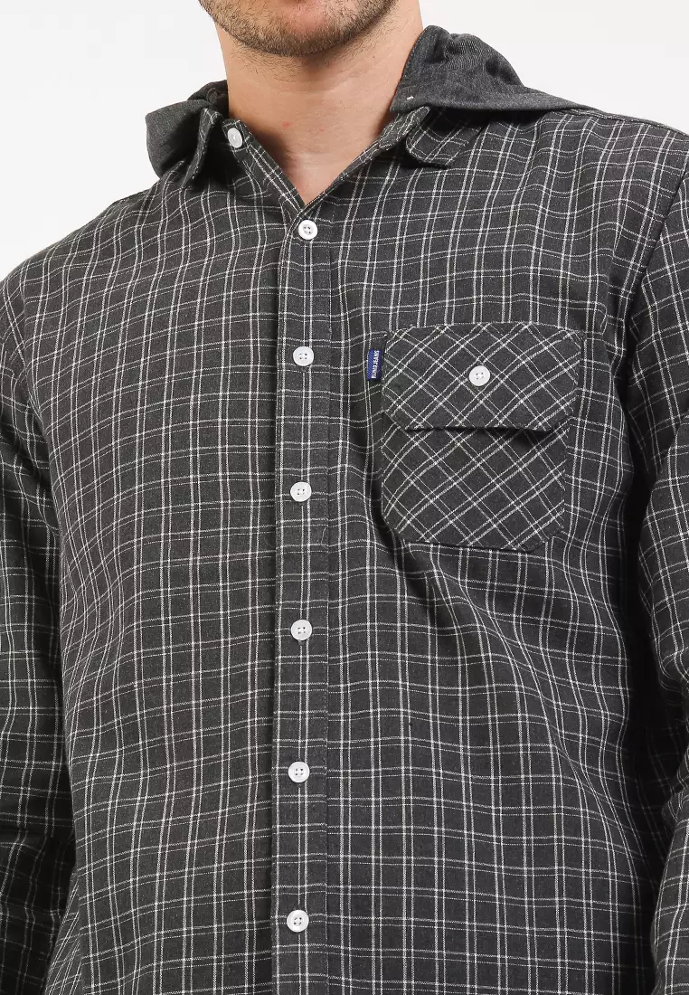 Kemeja Flanel Motif Kotak-Kotak Lengan Panjang + Hoodie 2972J04