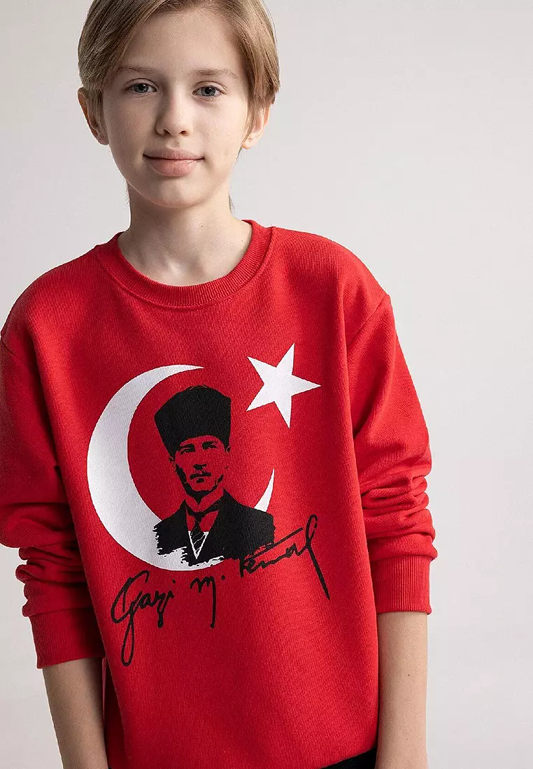 Crew Neck Atatürk Printed Red Sweatshirt