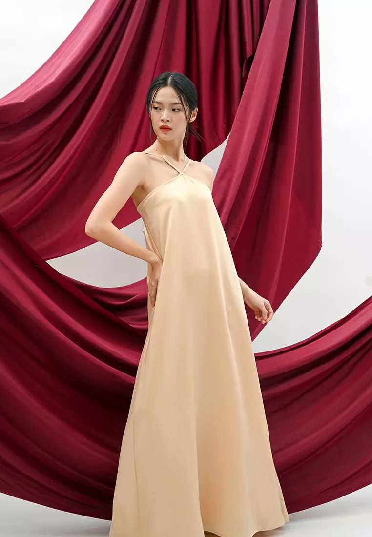 Halter Satin Maxi Dress in Gold