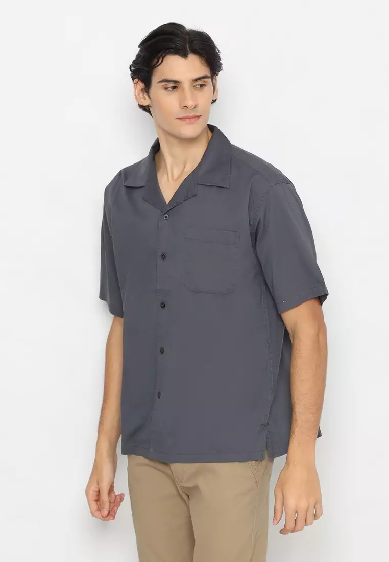 RBJ Kemeja Polos Twill Rayon Krah Hawaii Abu Tua Regular Fit Pria