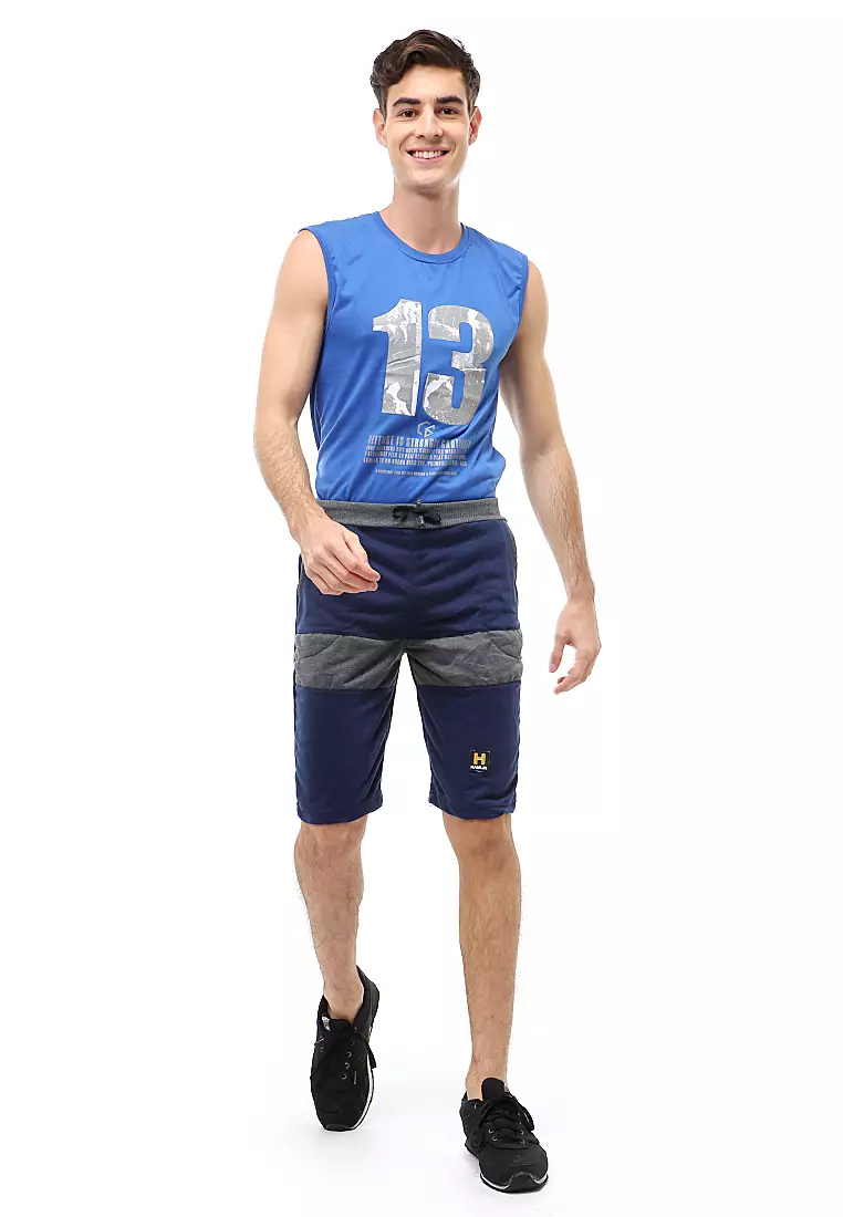 Rishham Short Pants Celana Pendek Pria Kombinasi Material Baby Terry ORIGINAL - Blue