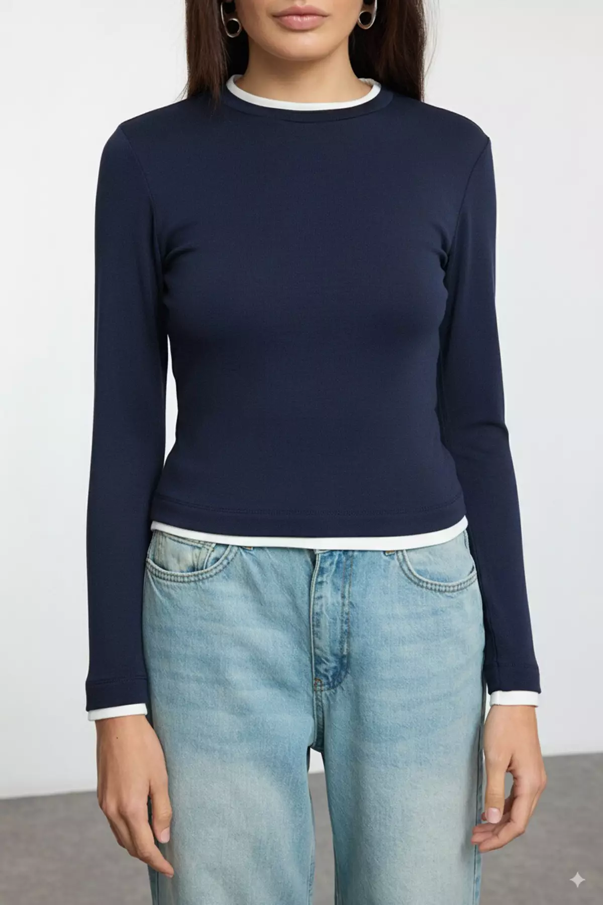 Navy Blue Color Block Fitted/Body-Smoothing Viscose/Soft Fabric Flexible Knitted Blouse Twoaw25Bz00114