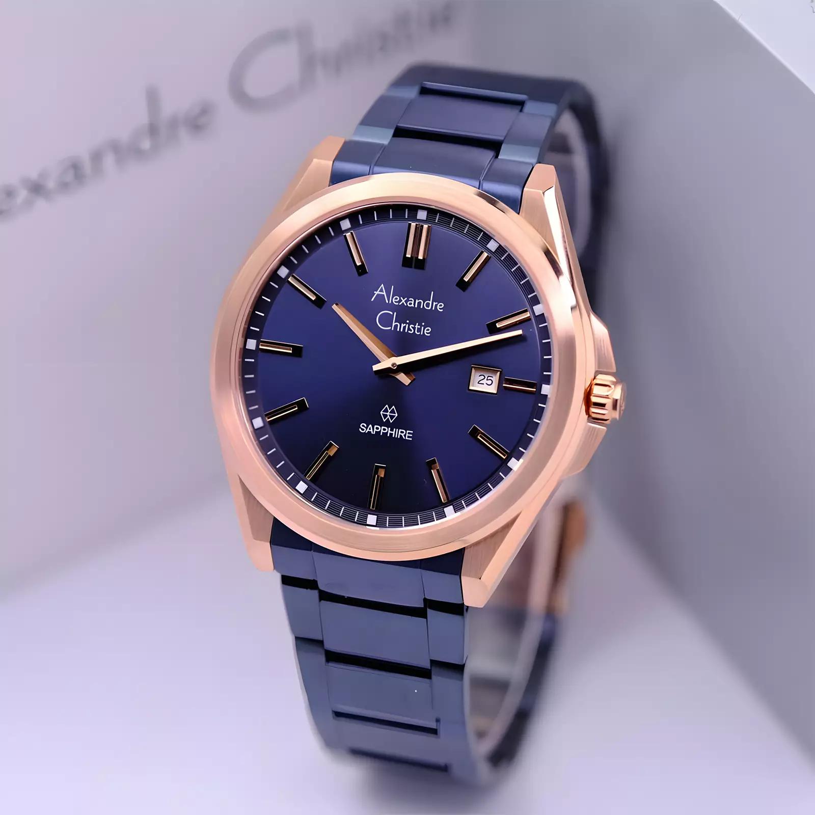 Alexandre Christie Sapphire Glass - Jam Tangan Analog Pria - Rose Gold Blue - Stainless Steel - 8705 MDBURBU