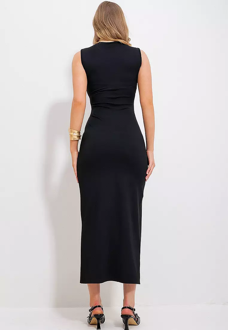 Mesh Front Slit Midi Length Dress