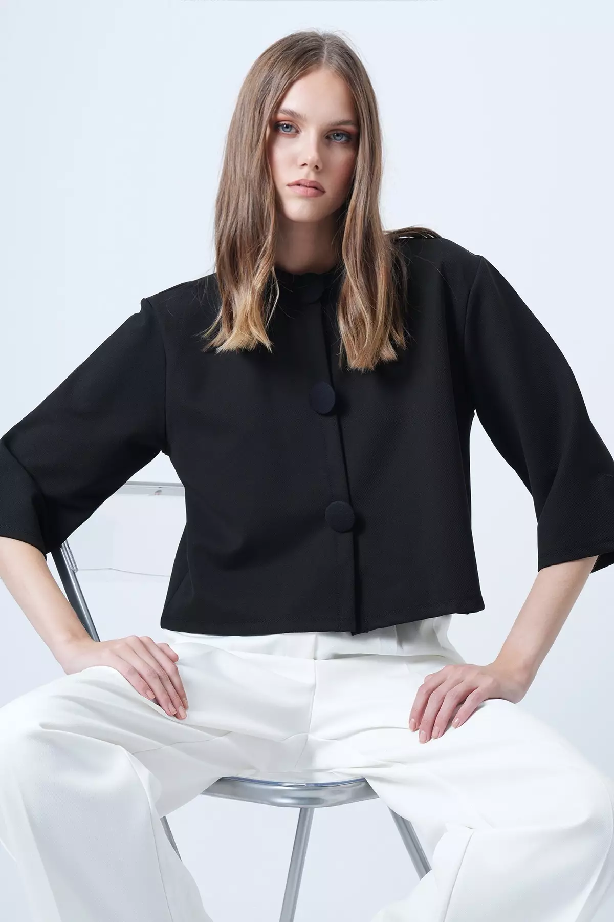 Black Coated Buttoned Crew Neck Special Design Crop Jacket Alc-X14647