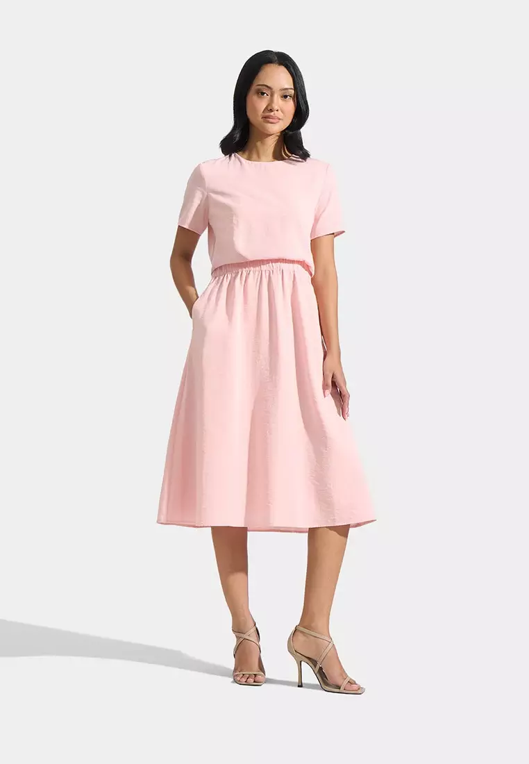 Textured Fit And Flare Dress With Garterized Waist