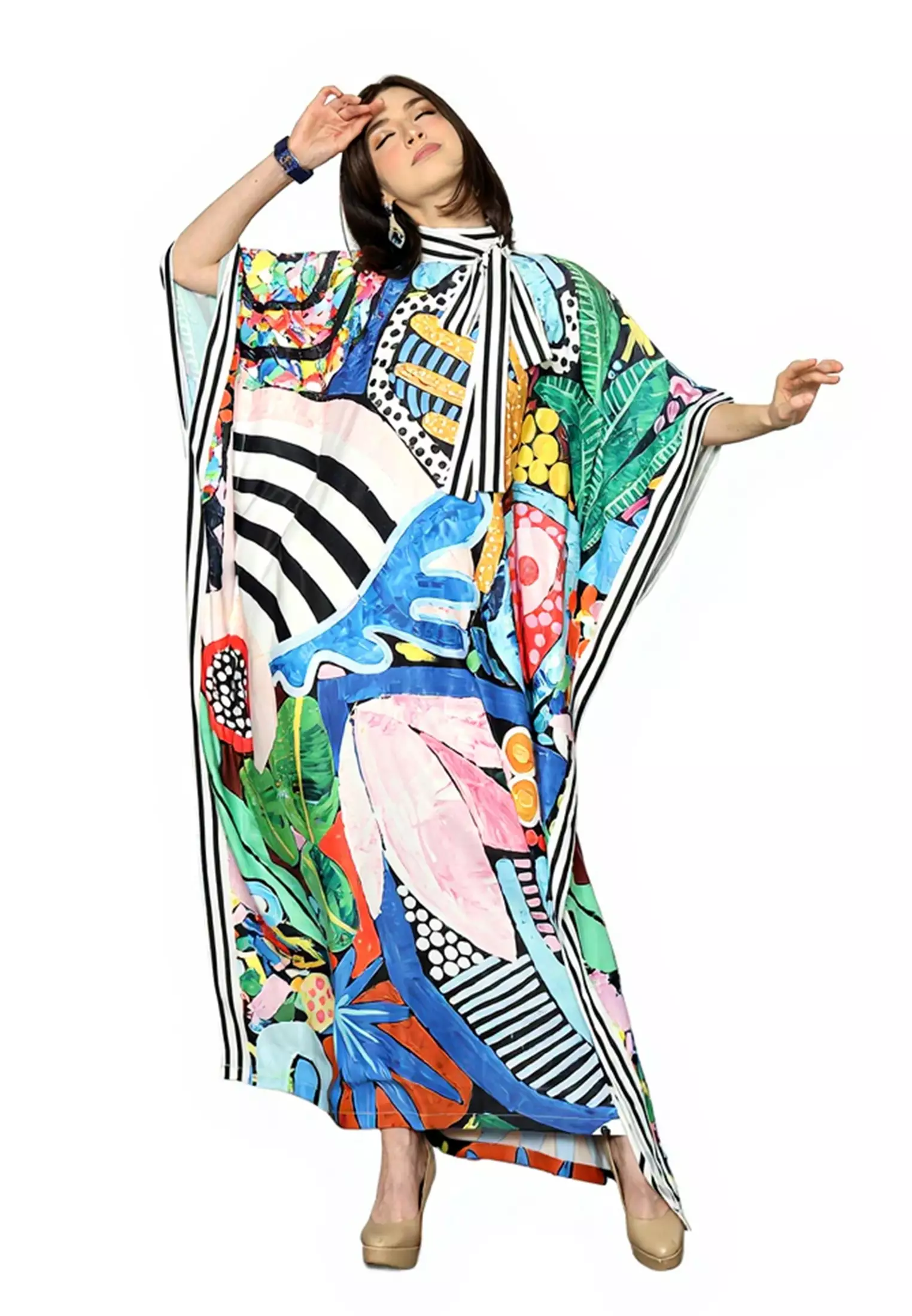 Kanzi Collection Short Sleeve Ribbon Collared Abstact Kaftan