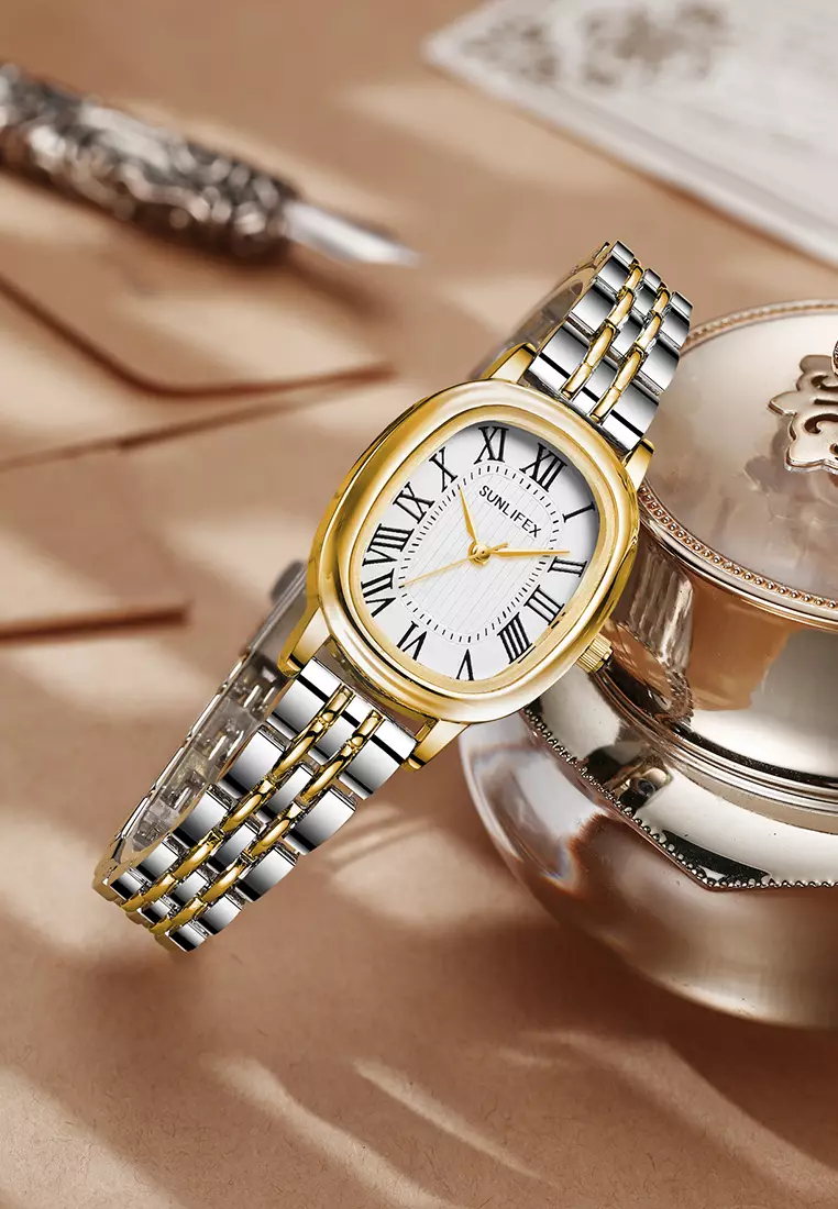 Jam Tangan Wanita Analog Original Korean Tali Rantai Oval Stanless Anti Air Jam Tangan Cewek goldwhite