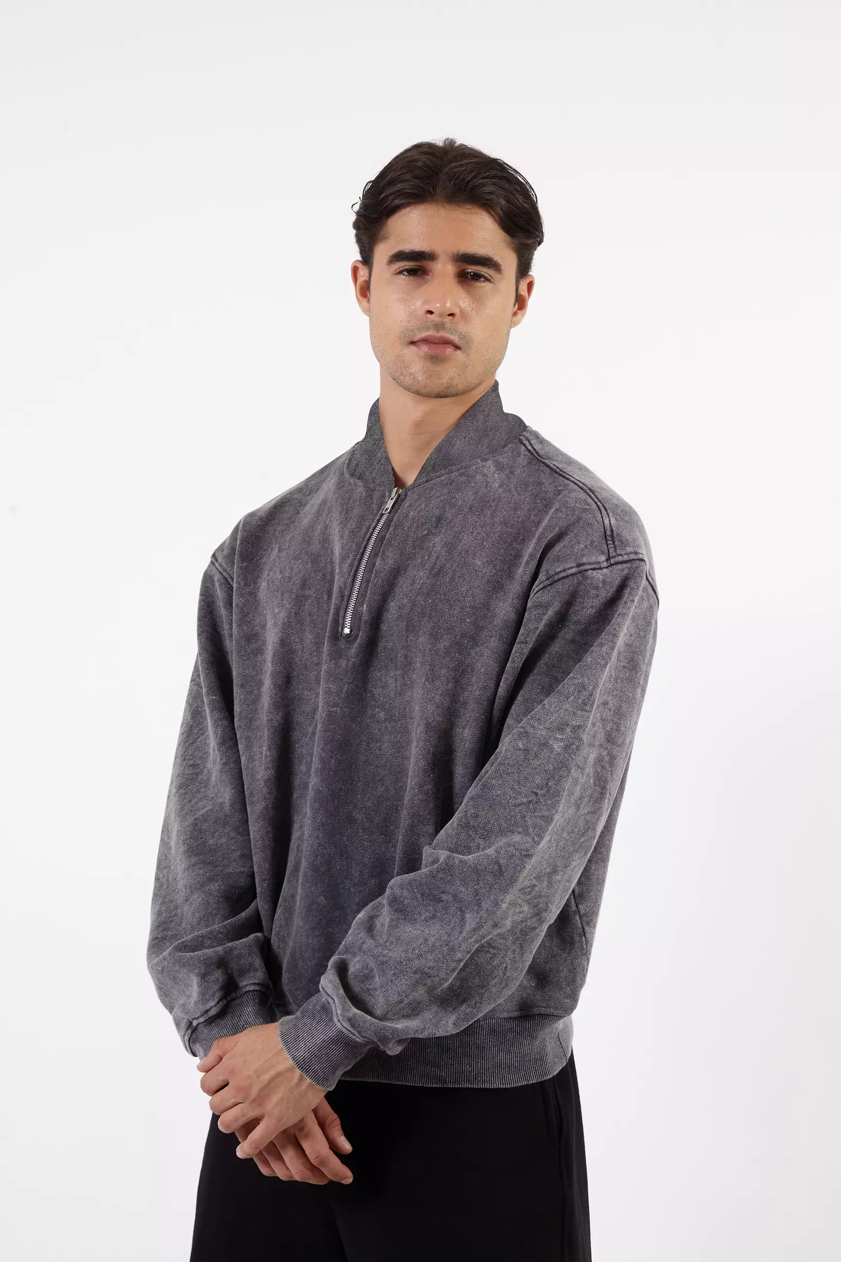 VEDECI SIGMA HALF ZIP GREY WASHED OVERSIZED PULLOVER CROP SWEATER