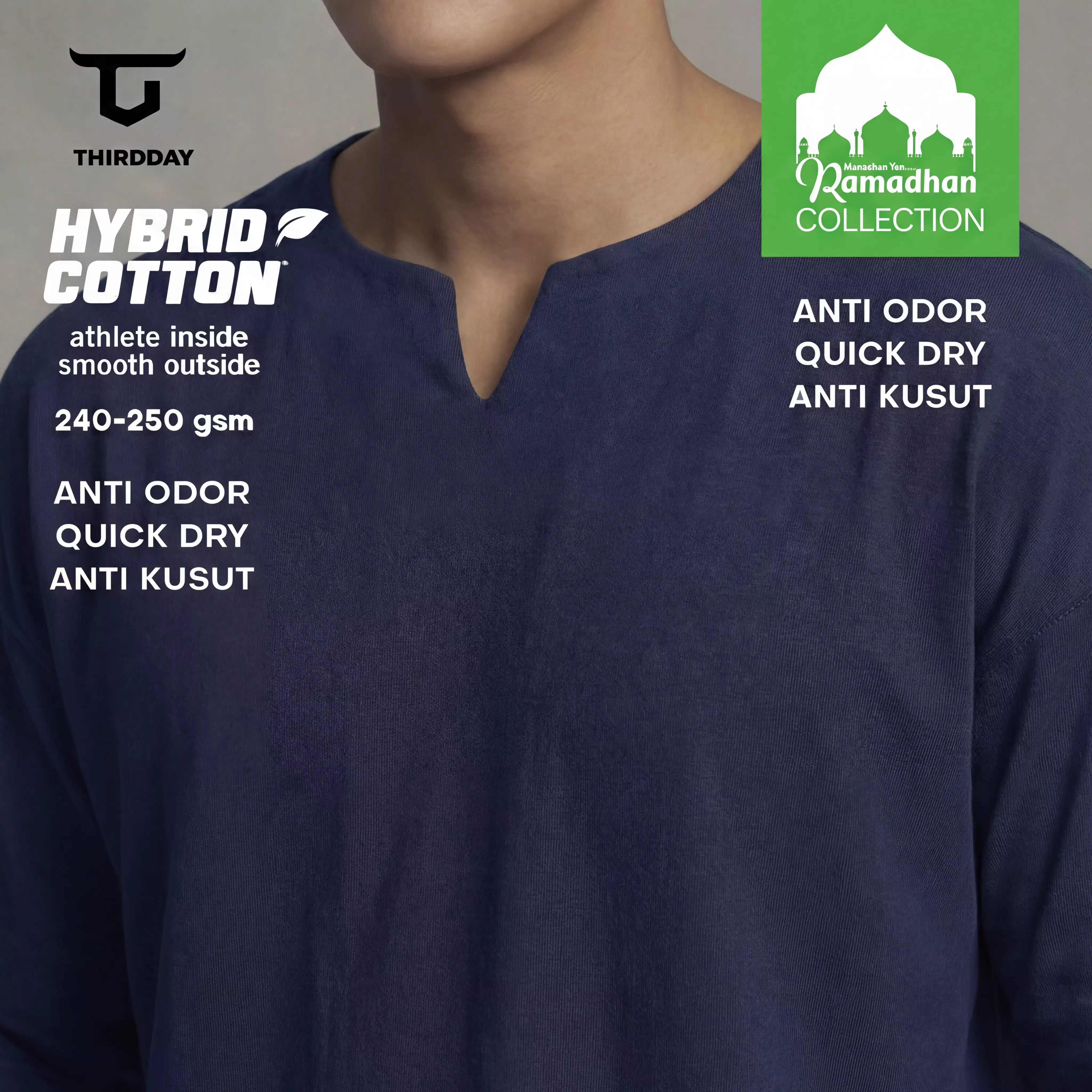 THIRDDAY Baju Koko Oversize Pria Lengan Panjang Kalcer Hybrid Cotton 240gsm navy MTZ19