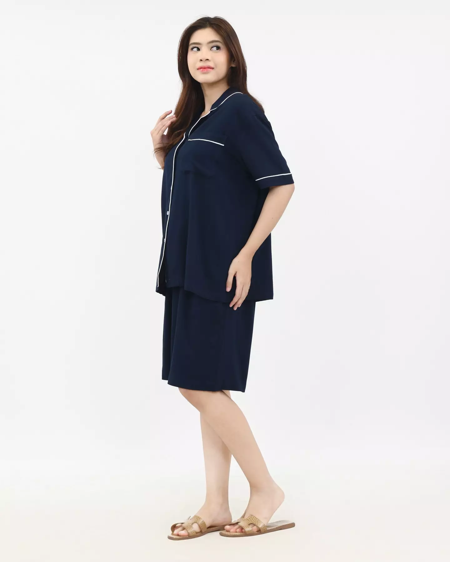 Setelan Piyama Katun Wanita Keisha [BIRU NAVY] SIZE L-XXL Baju Tidur Short Sleeve Short Pants Plain Sleepwear