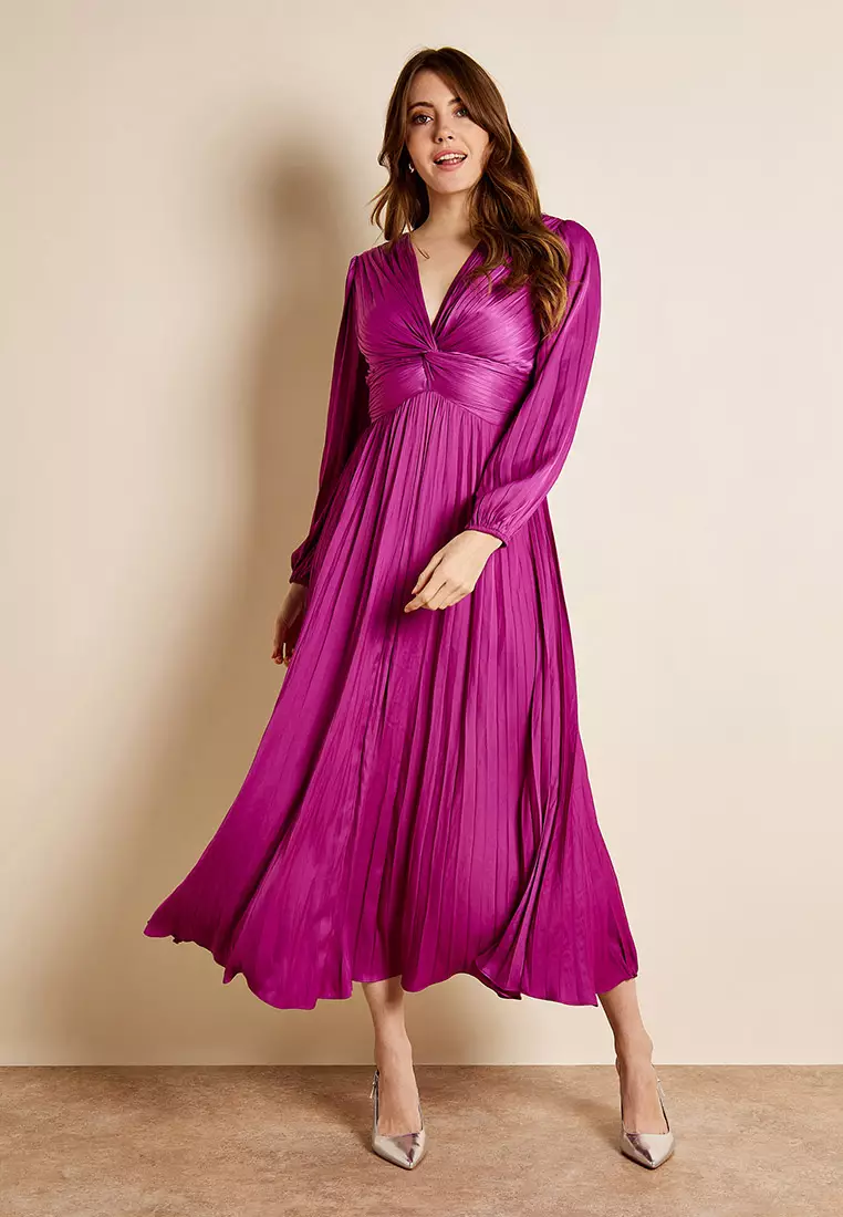 Buy GWD Wilma Pleated Satin V-Neck Purple Maxi Dress 2026 Online | ZALORA