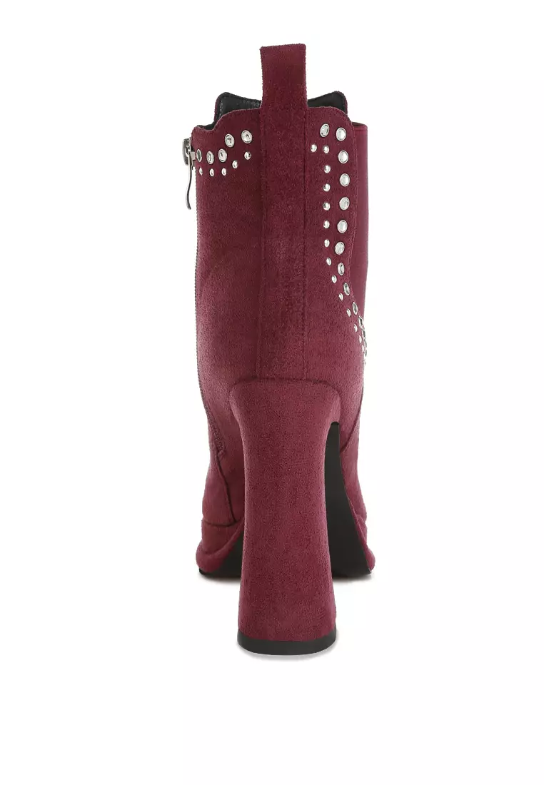 Studs Embellished High Ankle Boots in Burgundy
