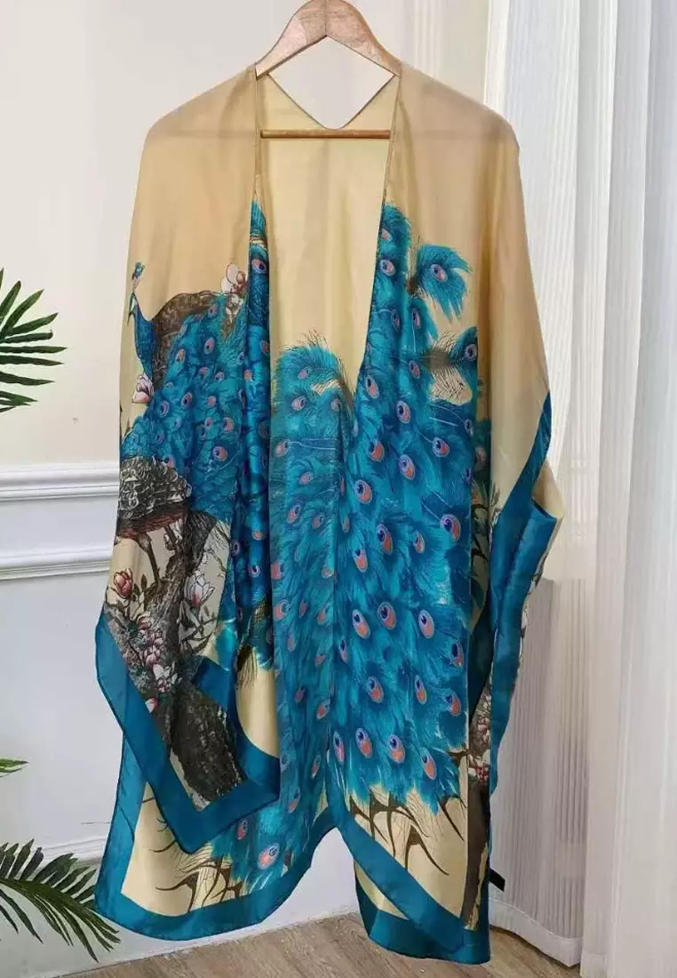 Aksesoris Wanita Peacock Print Outer Syal Outer Wanita Blue & Off White