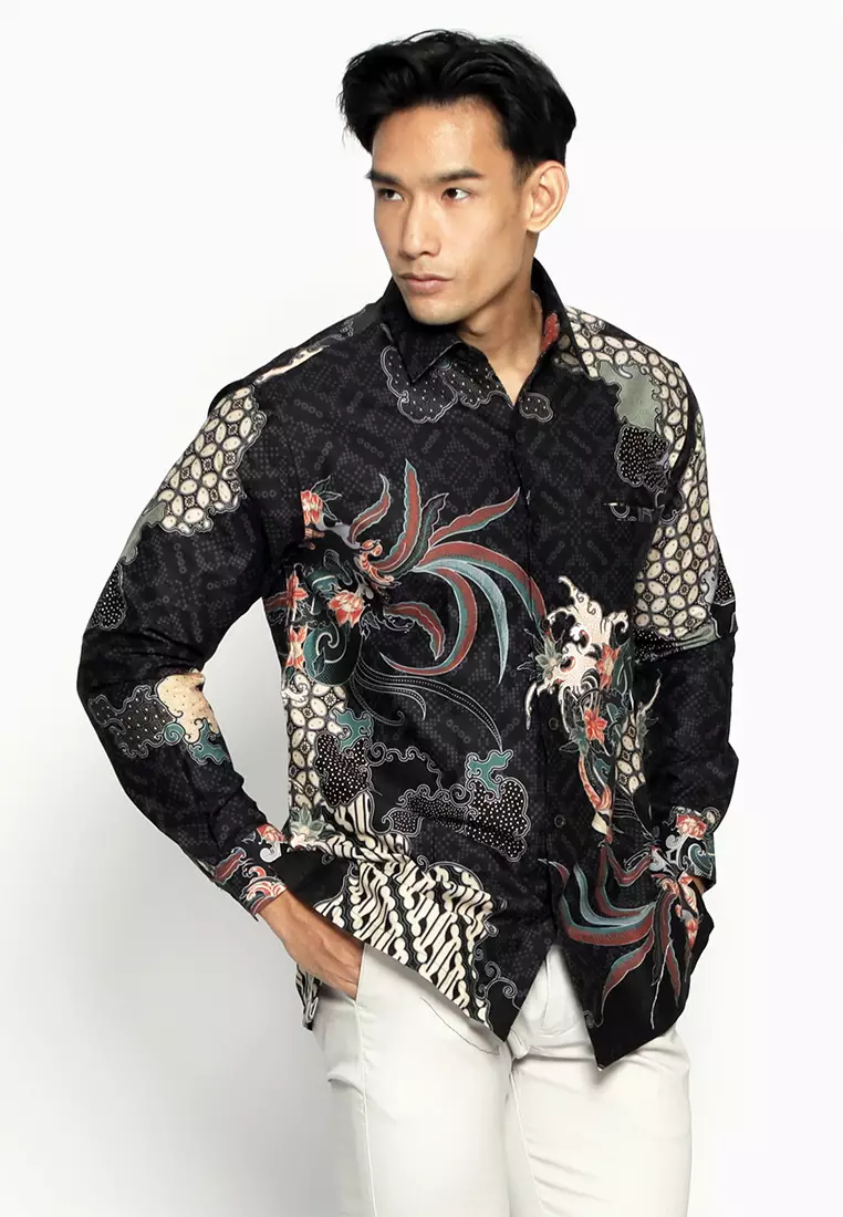 Casella Kemeja Pria Lengan Panjang Premium | Baju Kemeja Batik Pandawa Series Nakula 700 Black