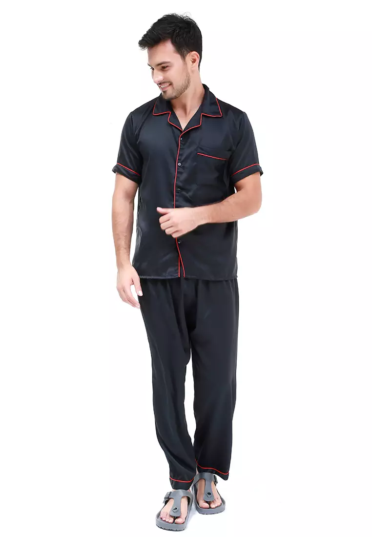 Klicin Setelan Baju Tidur Pendek Piyama Pria Plain One Set Sleepwear Pajamas Material Satin ORIGINAL