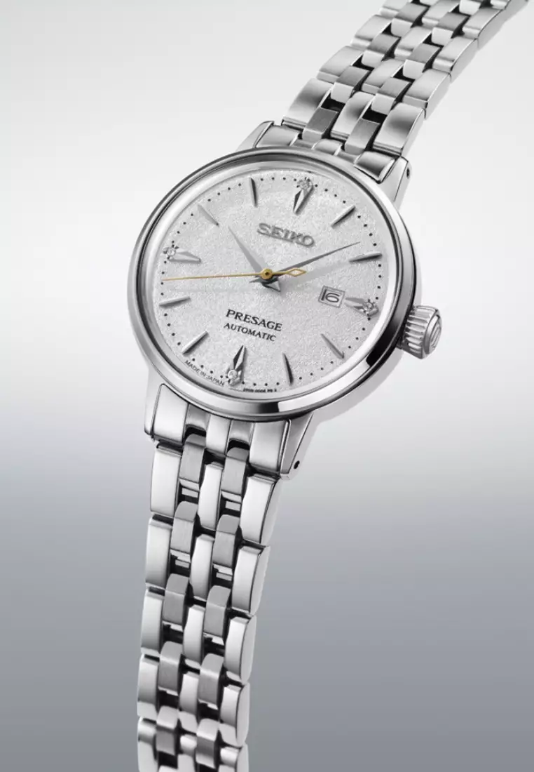 Seiko Presage Cocktail Time ‘Hot Buttered Rum’ Diamond-Set 30mm White Dial Stainless Steel Band Automatic Watch SRE017J1