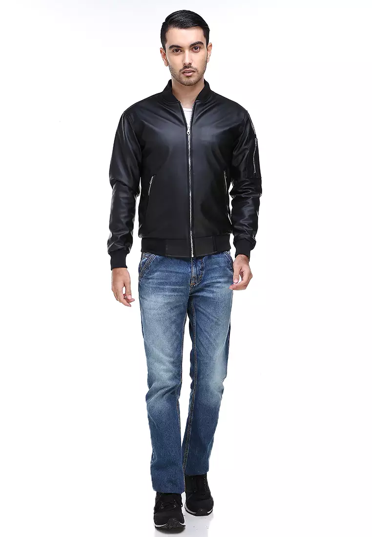 Clover Jaket Bomber Pria Now Ori Soft Material Leather Kulit ORIGINAL - Black