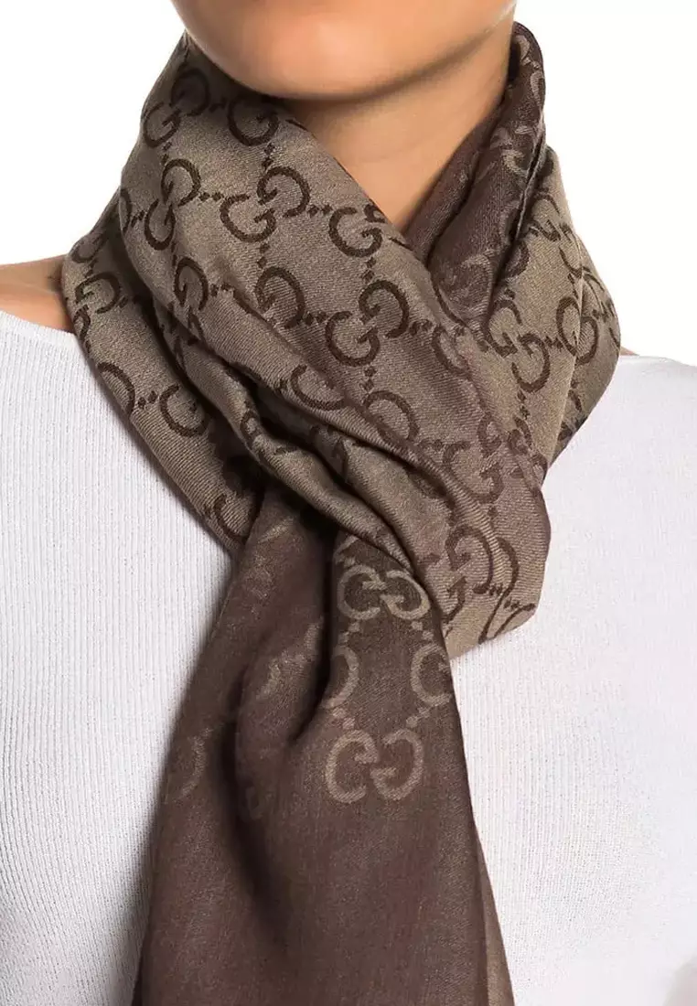 GG Logo Wool Silk Scarf in Brown 165904 3G646