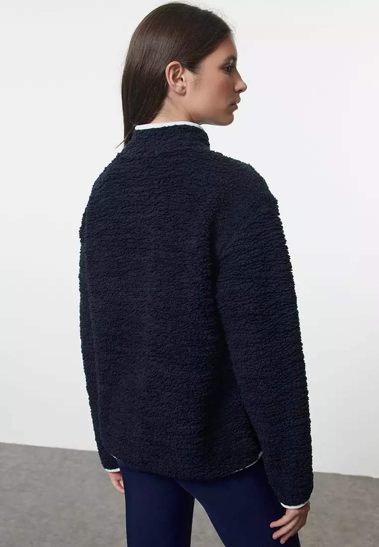 Navy Blue Plush Knitted Sports Sweatshirt THMAW23SW00021