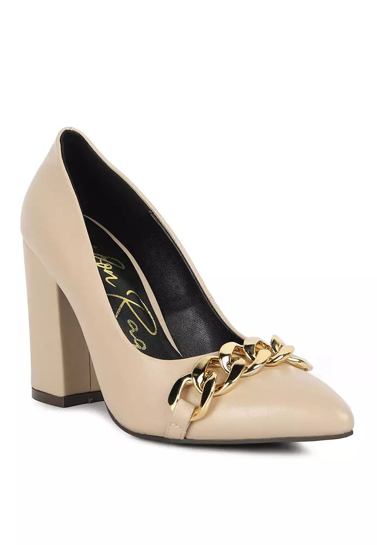 Gold block heel pumps store
