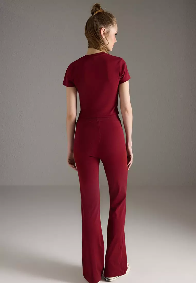Claret Red Fitted/Flexible Knitted Knitted Bottom-Top Set Twoss25Au00053