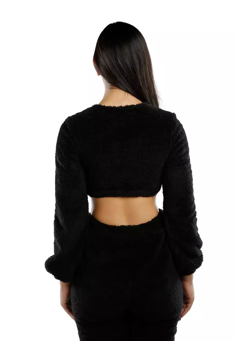 Black Shearling Full Sleeve Crop Top