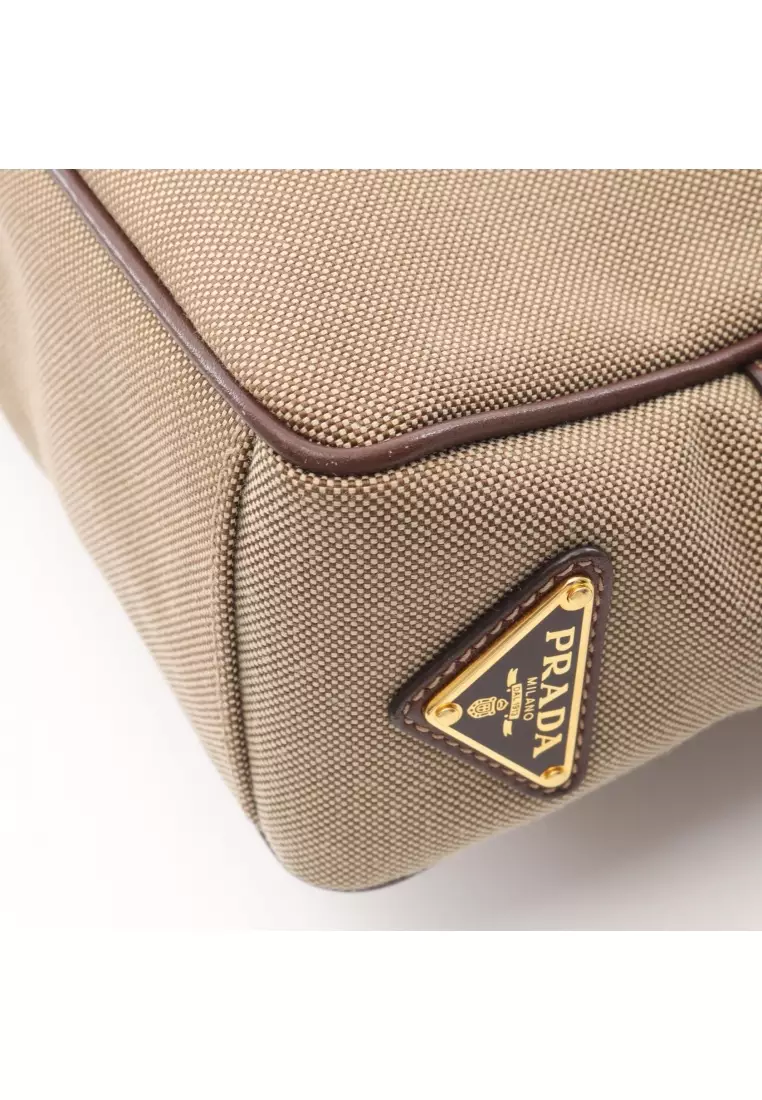 Pre-Loved Prada LOGO JACQUARD logo jacquard Shoulder bag canvas leather beige Dark brown