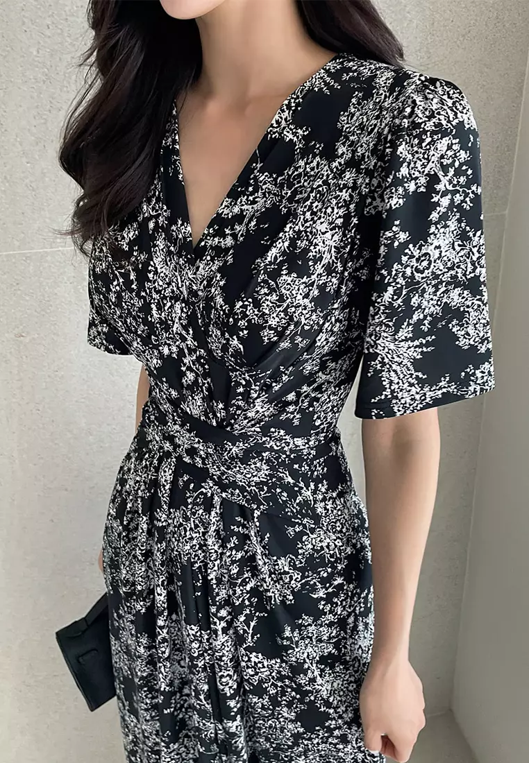 French style ink printed lace up dress CA25032714BK