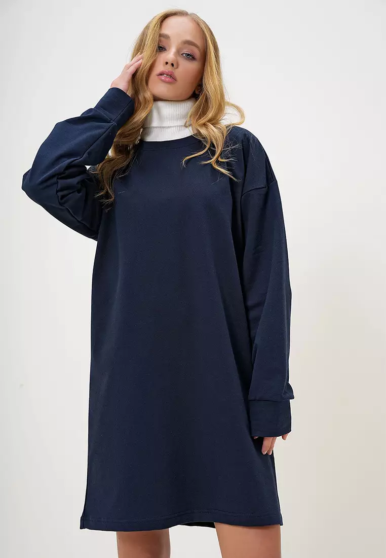 Women's Navy Blue Crew Neck Sweatshirt Dress Alc-X13137